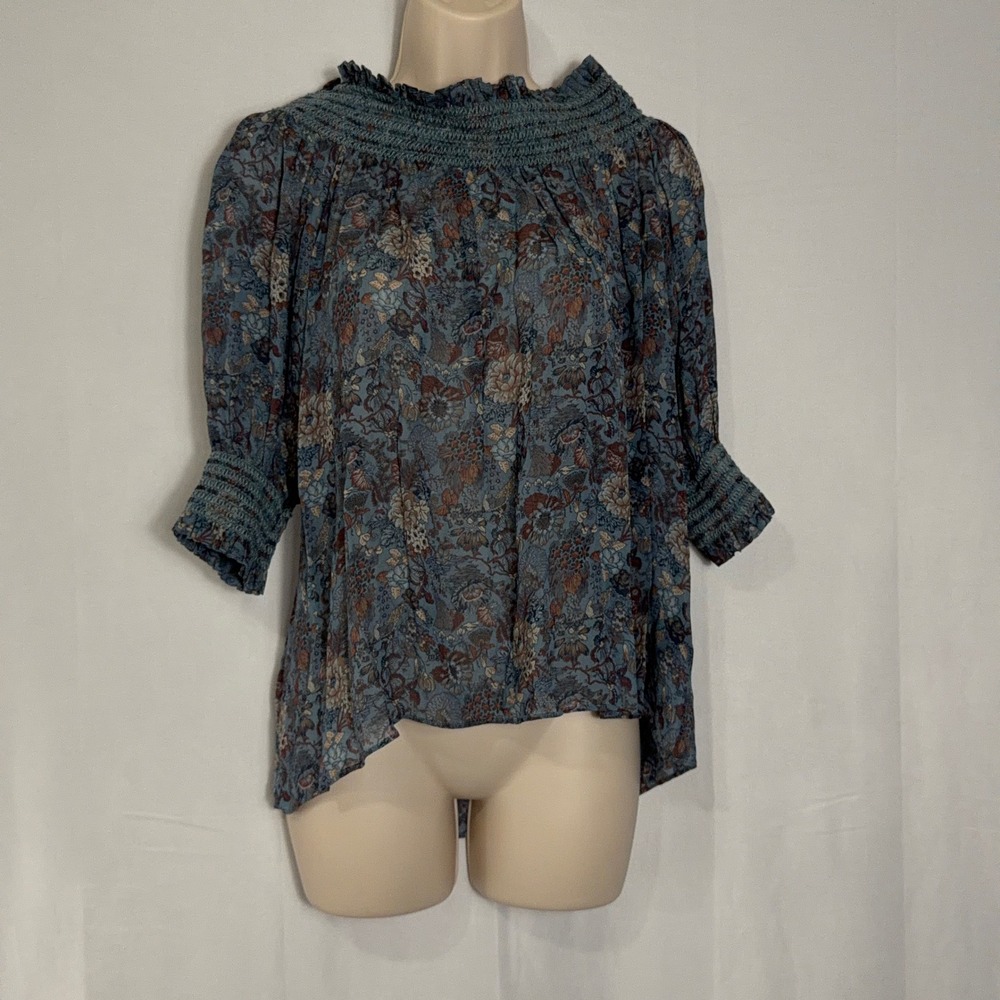 Frye‎ Blouse Magdalena Smocked Floral Off Shoulder Blue Women XS NWT FWWF11848